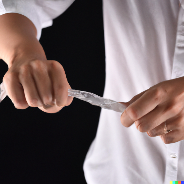 File:DALL·E 2022-10-05 21.25.17 - a long thin clear gemstone crystal rod but wrung out and torsionaly twisted like a towel by two hands in white shirt, black background.png